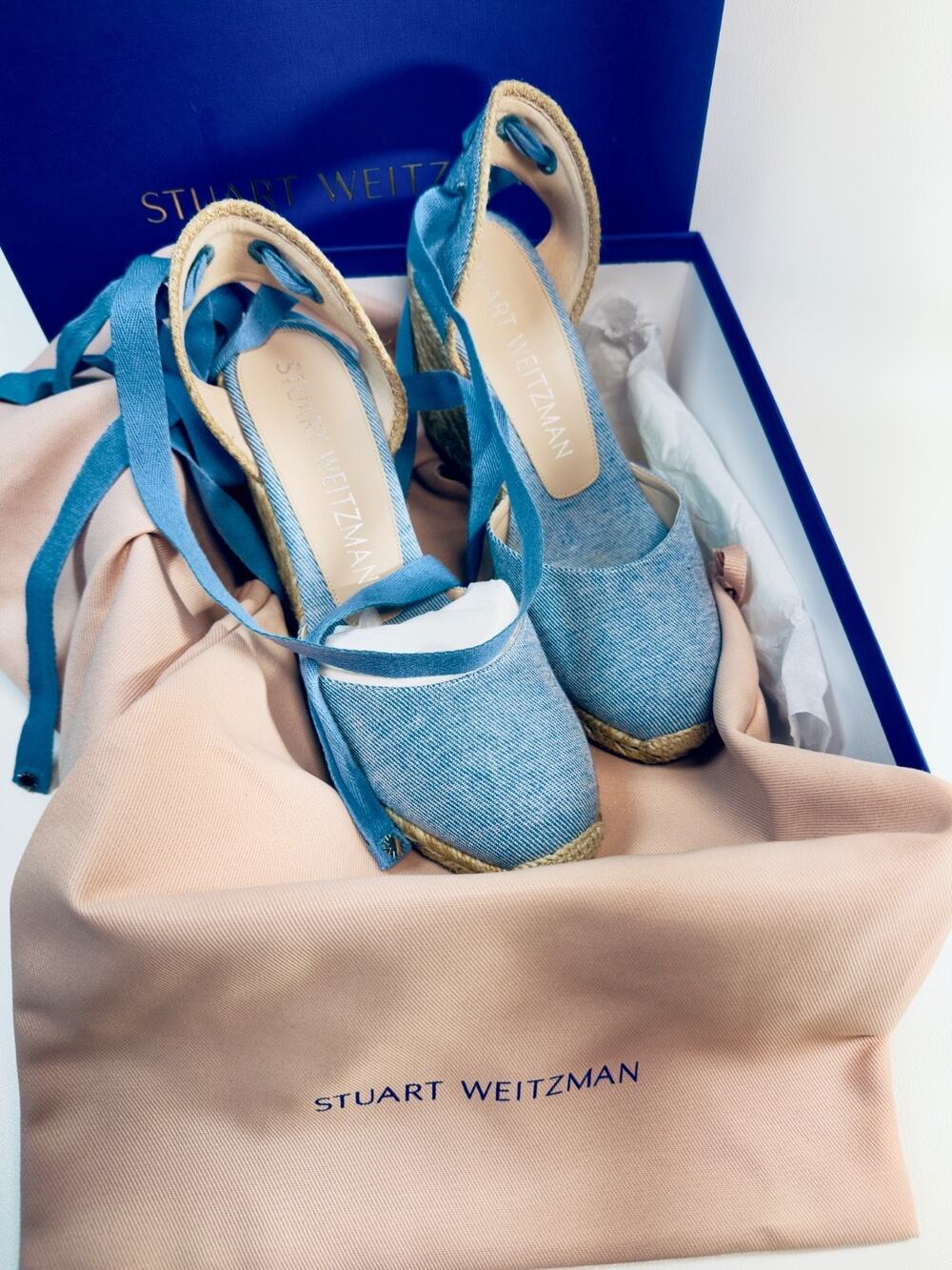 NIB Stuart Weitzman Chambray Denim Lace-Up Espadrille Wedge Sandals Size 38 / 8